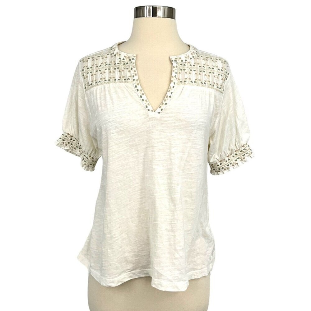 NWT Cold & Indi Camiseta White Top V Neck Size S Embroided Peasant